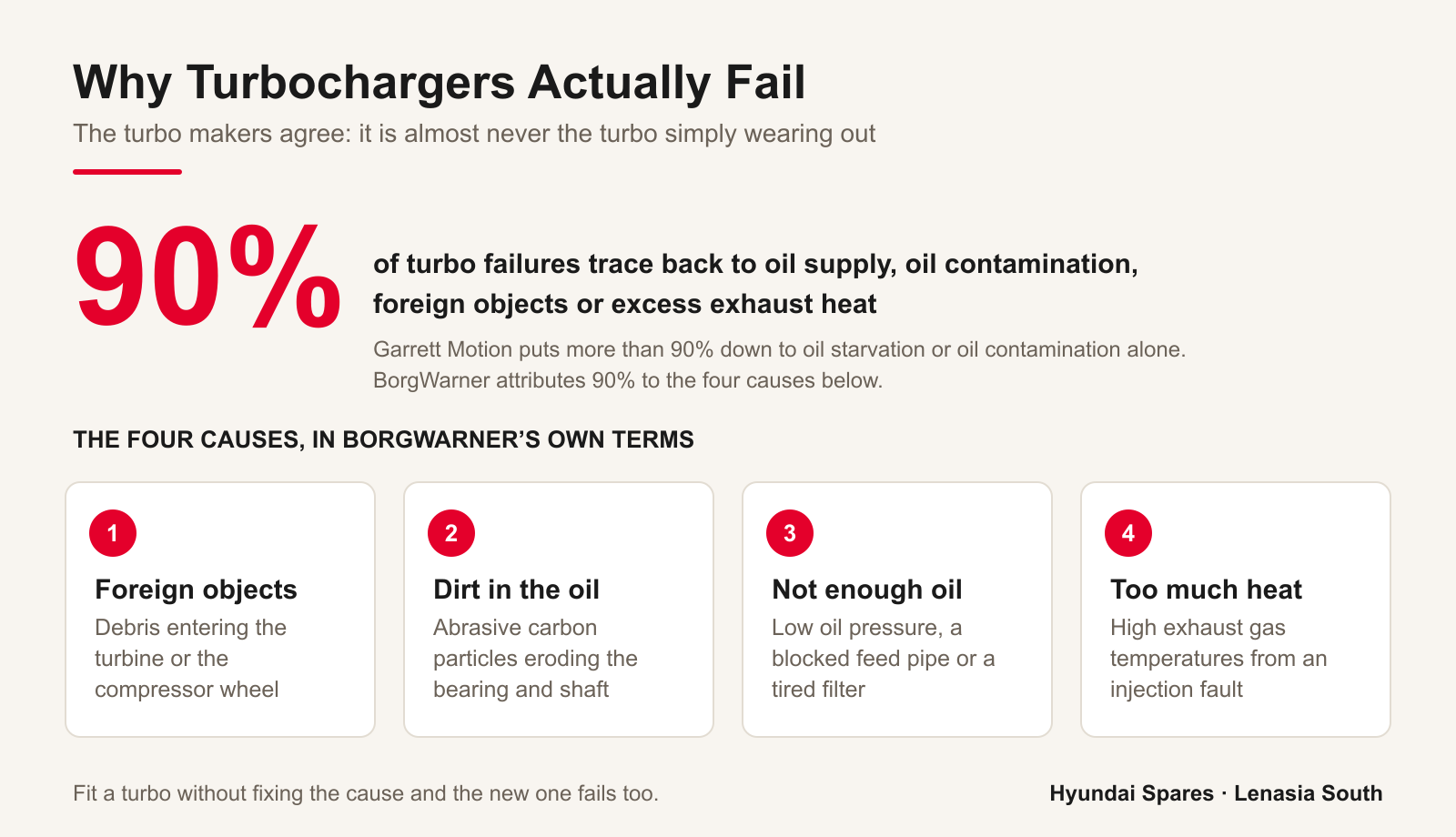 Why turbochargers fail — Garrett attributes more than 90 percent to oil starvation or contamination, BorgWarner attributes 90 percent to foreign objects, dirt in the oil, inadequate oil supply and high exhaust gas temperatures